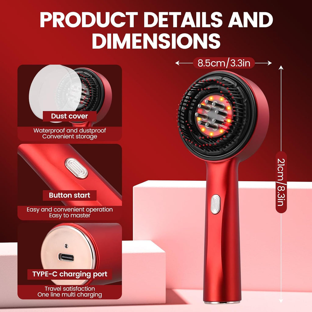 3-in-1 Cordless Electric Scalp Massager Brush with IPX7 Waterproof Design, Red Light Therapy for Hair Growth, and Hair Oil Applicator (Red)