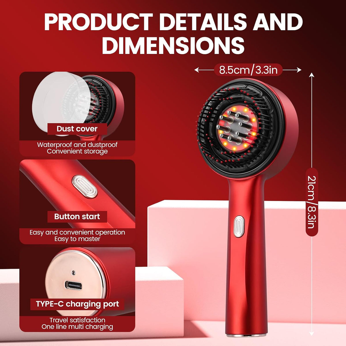 3-in-1 Cordless Electric Scalp Massager Brush with IPX7 Waterproof Design, Red Light Therapy for Hair Growth, and Hair Oil Applicator (Red)