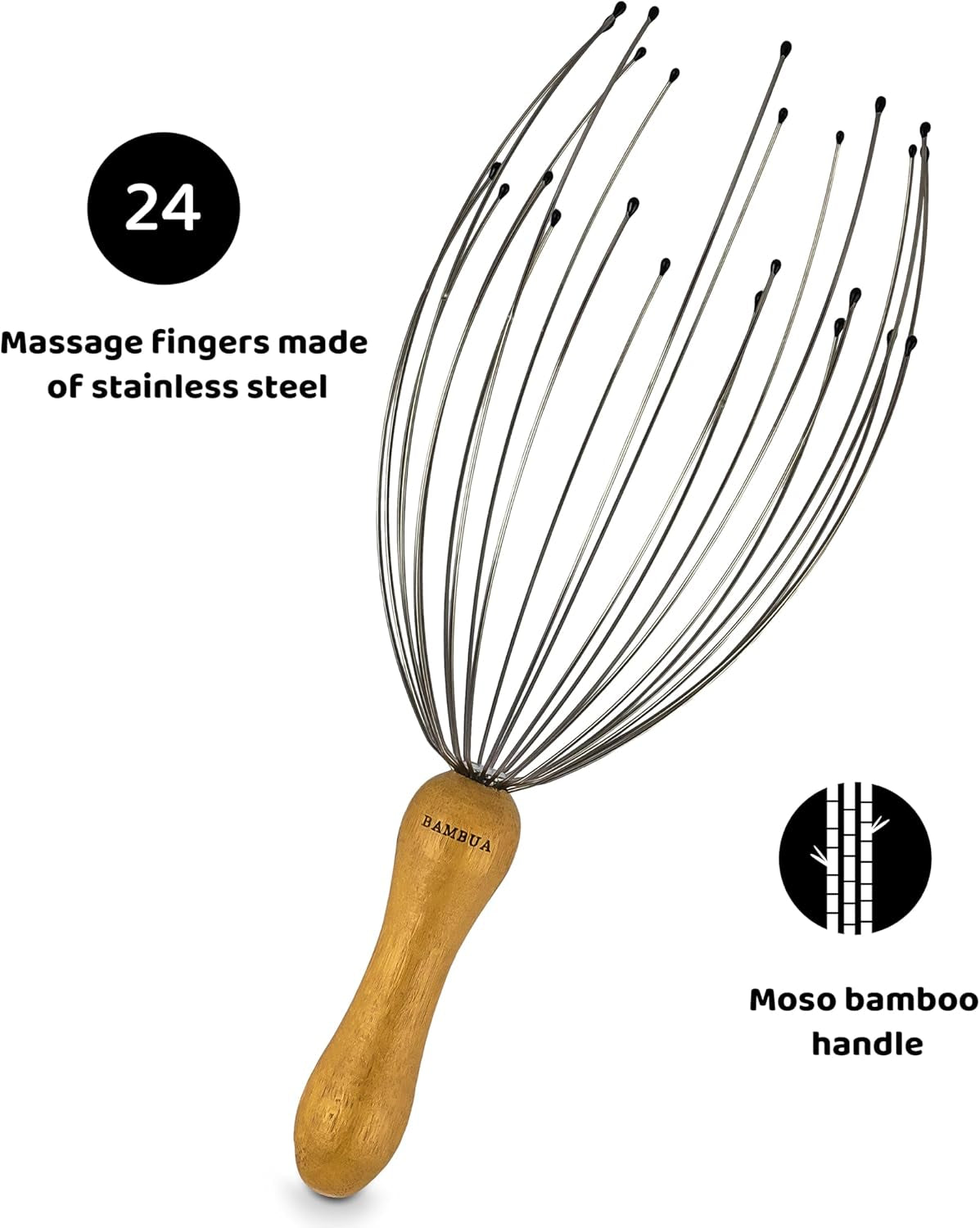 Head Massager Scalp with 24 Fingers - Bamboo Handle - Premium Head Scratcher for Sustainable Relaxation - Scalp Massager for a Pleasant Massage - Gifts for Women and Men
