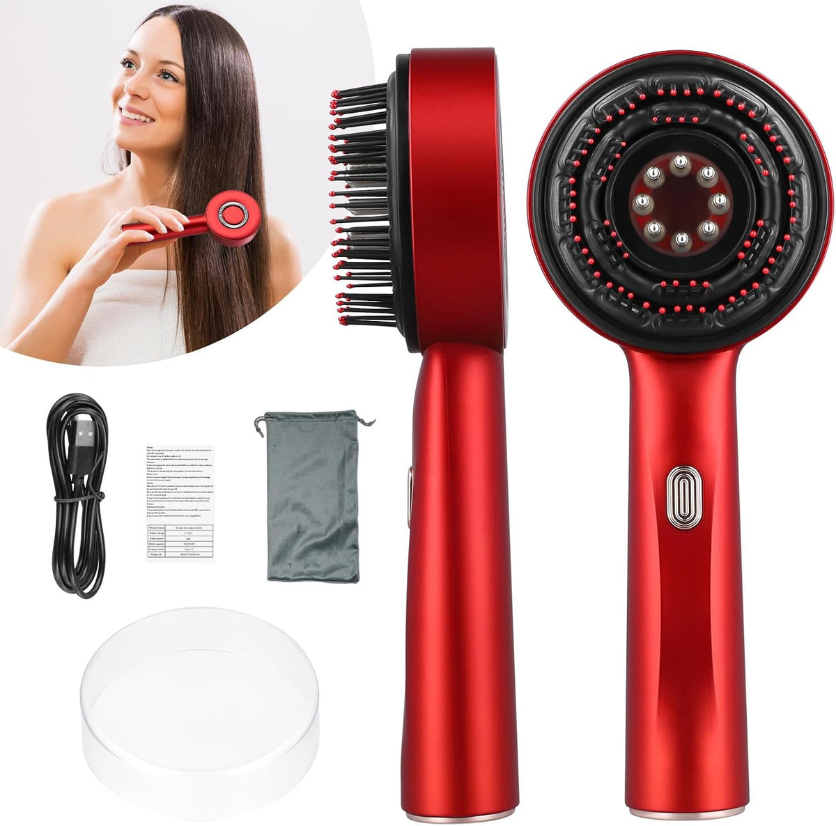 3-in-1 Cordless Electric Scalp Massager Brush with IPX7 Waterproof Design, Red Light Therapy for Hair Growth, and Hair Oil Applicator (Red)